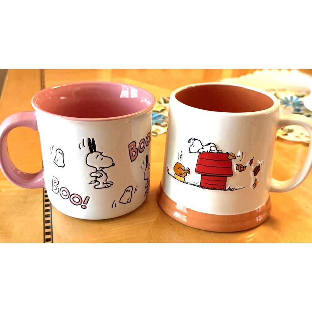 Lot Of 2 Peanuts Mugs Halloween & Rae Dunn Thanksgiving Boo Give Thanks EUC